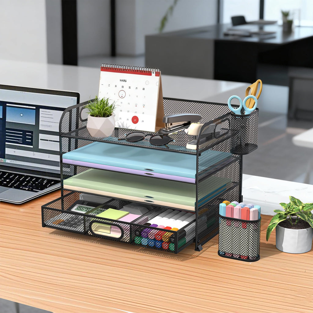 Desk Organizer, 4-Tier Paper Letter File Organizers with 2 Pen Holder, Mesh Desktop Organizer for Office Organization... - Image 3