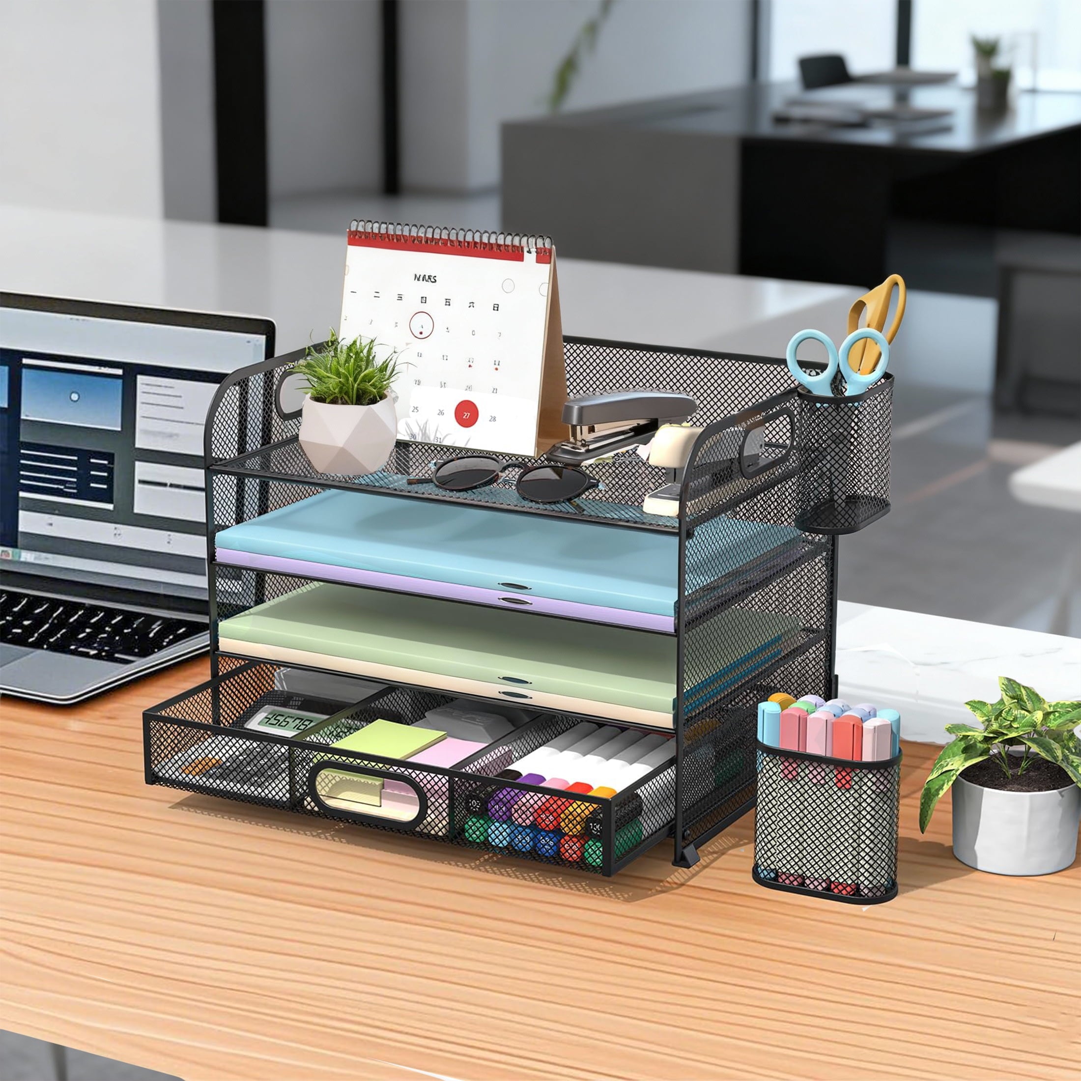 Desk Organizer, 4-Tier Paper Letter File Organizers with 2 Pen Holder, Mesh Desktop Organizer for Office Organization... - Image 3