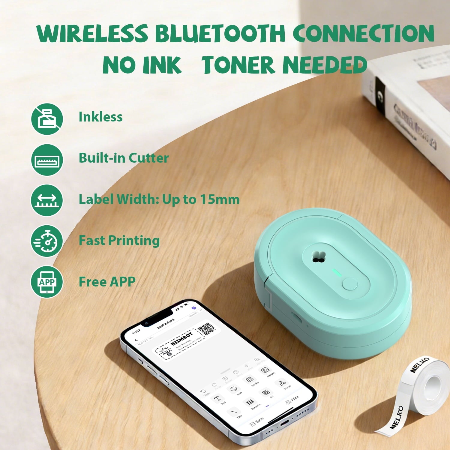 HKHKPI Label Makers, Mini Portable Bluetooth Label Maker Machine with Tape for School Office Home, Green - Image 4