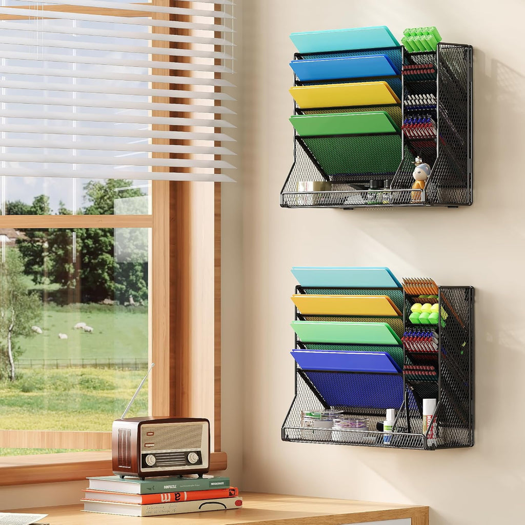X-COSRACK 4-Tier Wall Mounted File Organizer, Adjustable Metal Mesh Paper Holder with Stable R-Shaped Base, Desktop Hanging Magazine Rack fo - Image 6