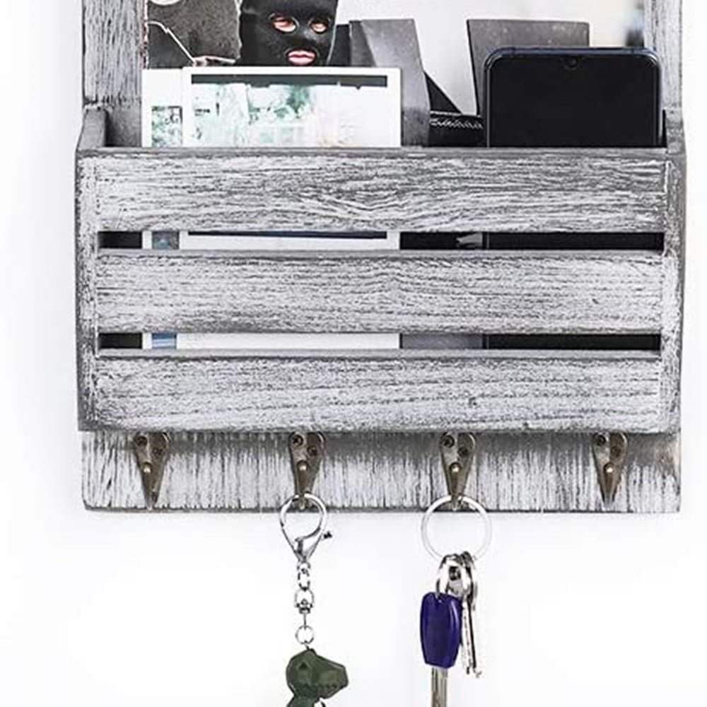 Wall Mounted Wood Mail Holder with 4 Hooks - Image 2