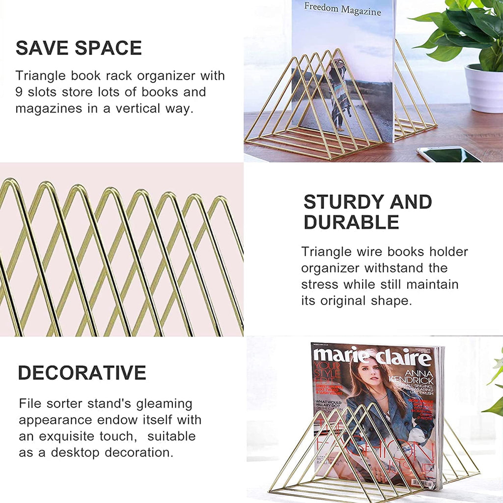 Gold Magazine Newspaper Holder Triangle File Folder 9 Slot Files Storage Holder Triangle Bookshelf Desktop Organizer ... - Image 6