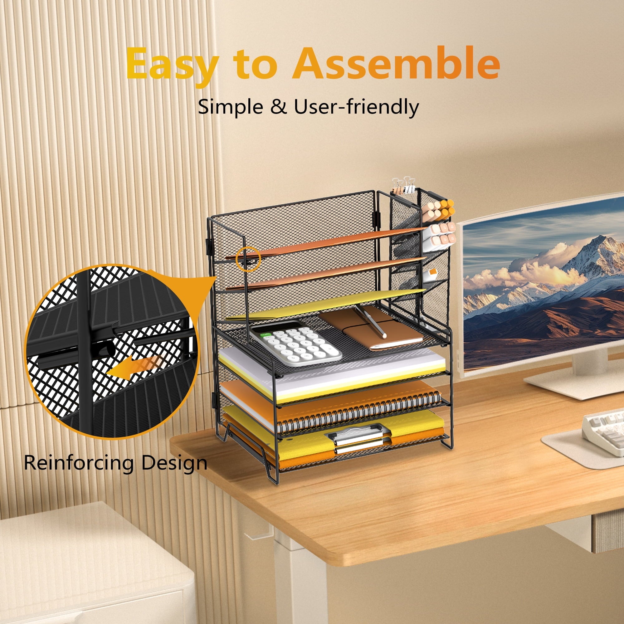 7-Tier Metal Mesh Desk File Organizer with 4 Pen Holder, Paper Organizer, Black - Image 5