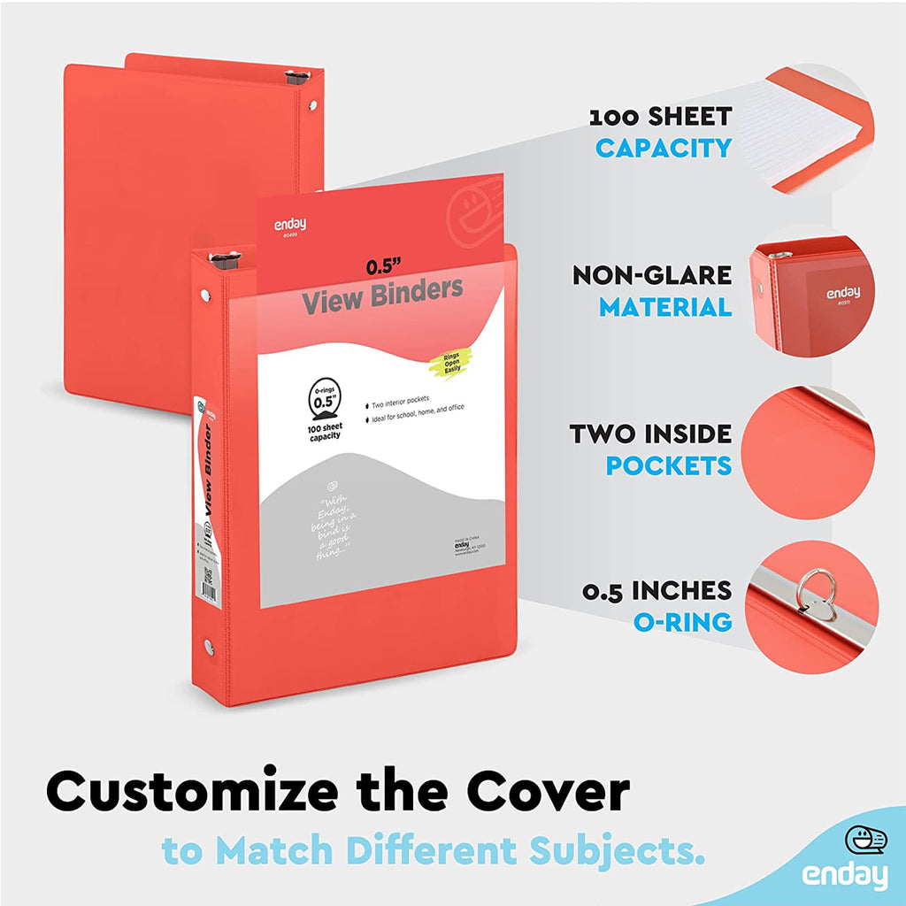 ½ Inch 3 Ring Binder .5 inch Red Clear View Cover with 2 Inside Pockets, Colored School Supplies Office and Home Binders - Image 4