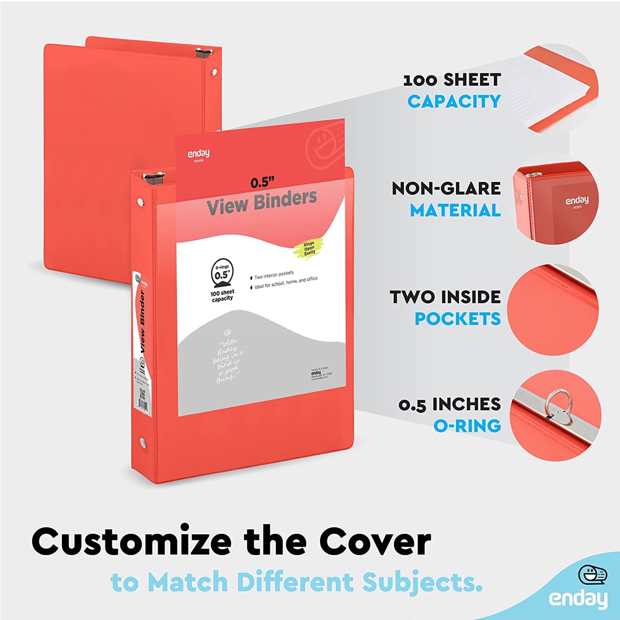 ½ Inch 3 Ring Binder .5 inch Red Clear View Cover with 2 Inside Pockets, Colored School Supplies Office and Home Binders - Image 4