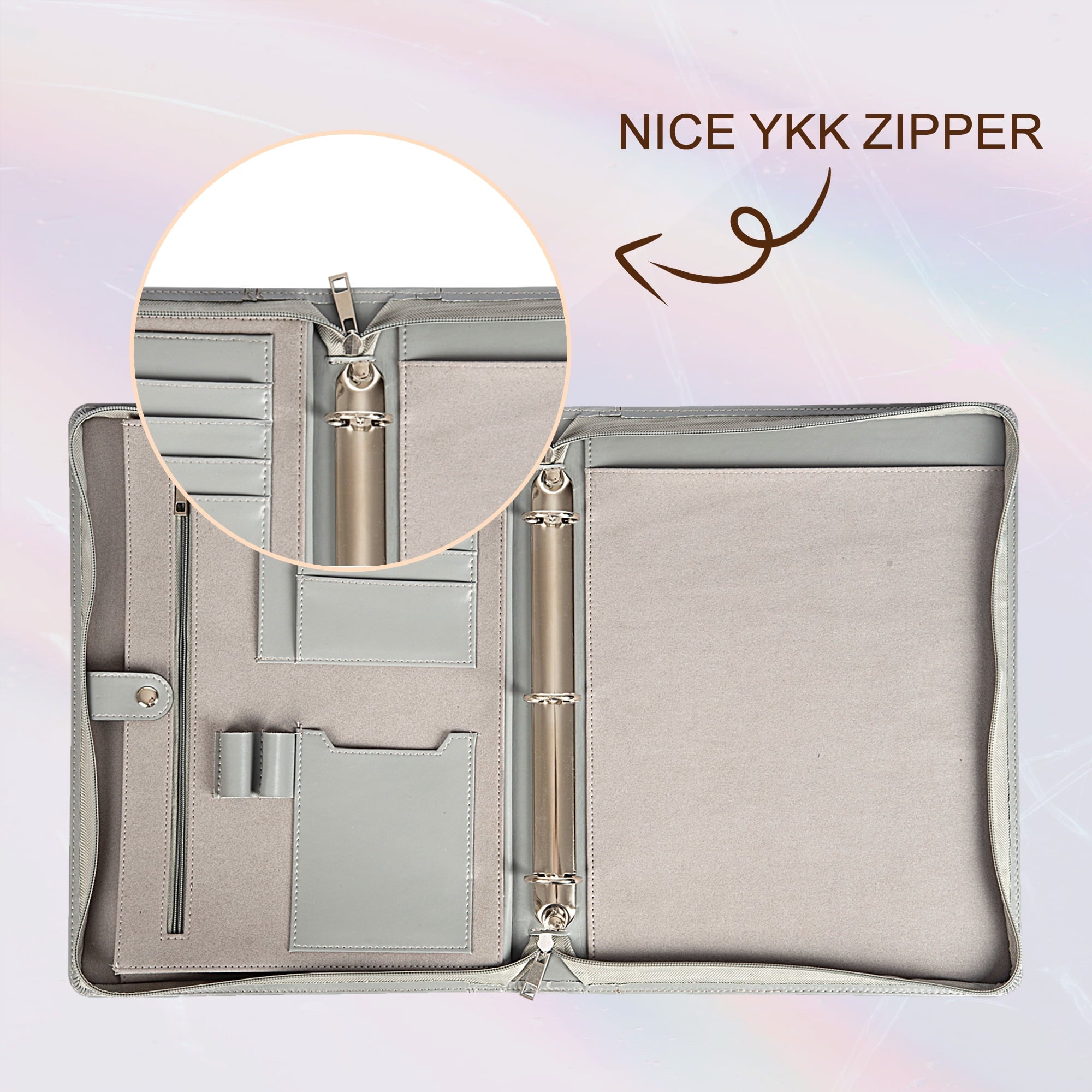 3-Ring Binder, Eco-Friendly Leather Portfolio, Zippered Business Organizer, Gray - Image 3