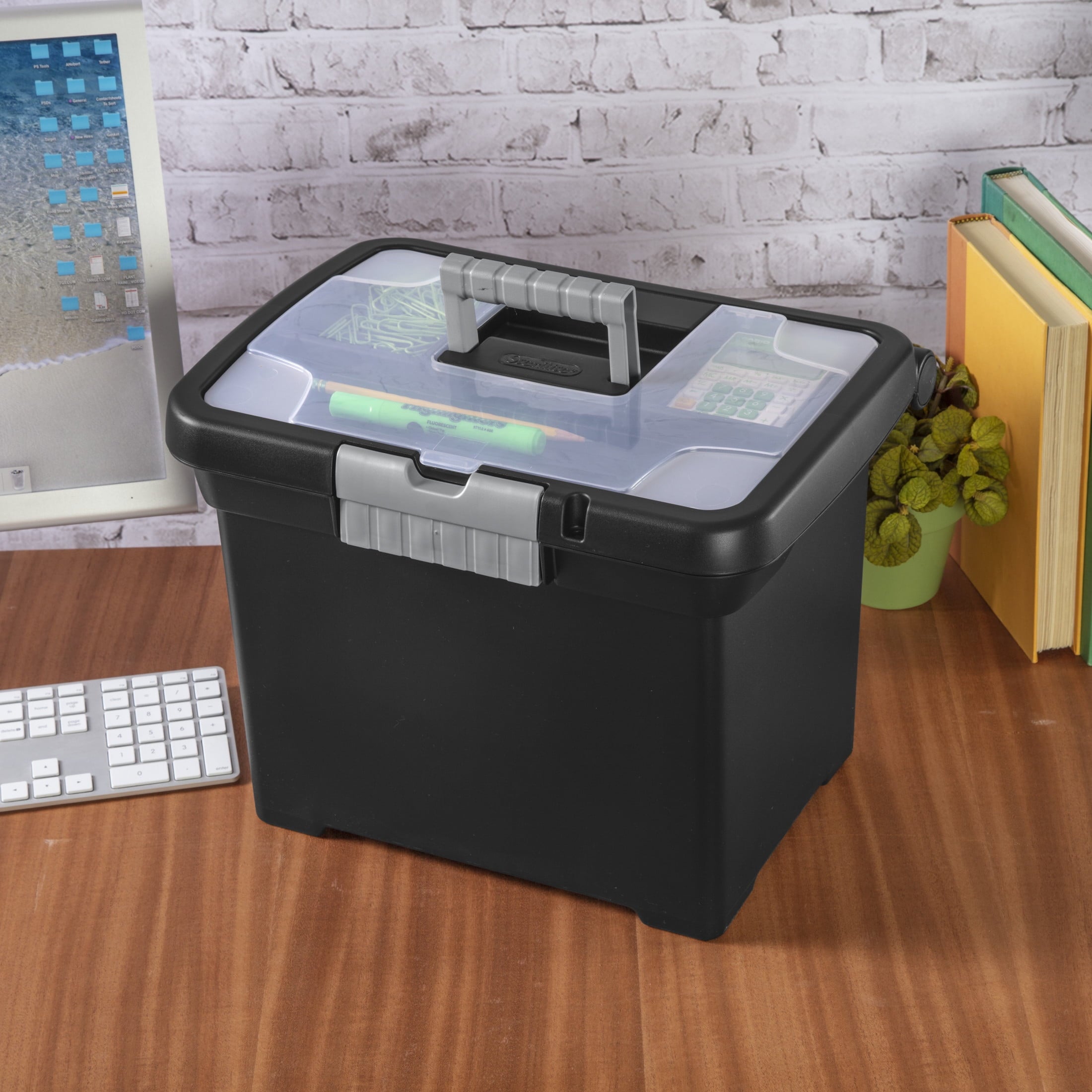 Portable File Box, Letter-Size Plastic File Storage Box with Handle and Divided Lid Storage Compartment, Black - Image 6