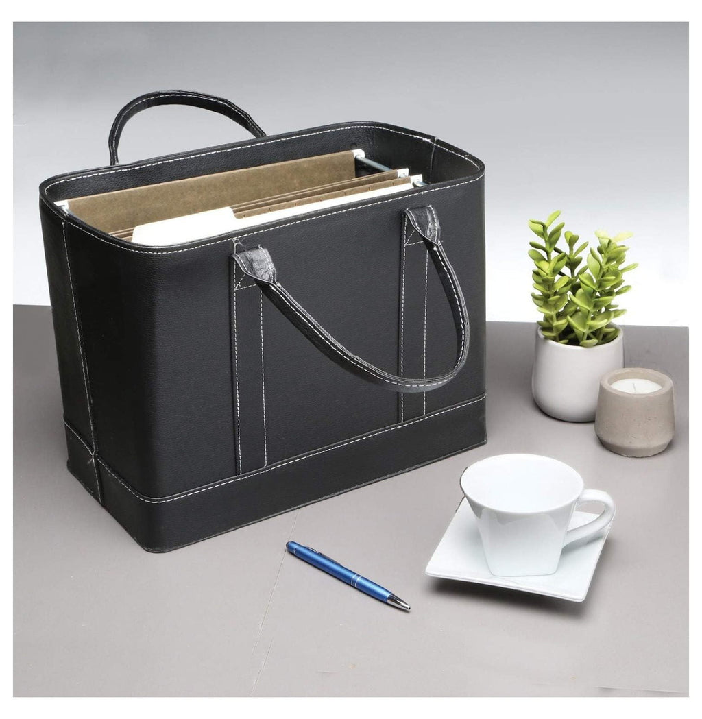 File Organizer Tote Bag - Portable Document Holder Box with Handle, Black Vegan Leather, Home & Office Storage, Legal... - Image 4