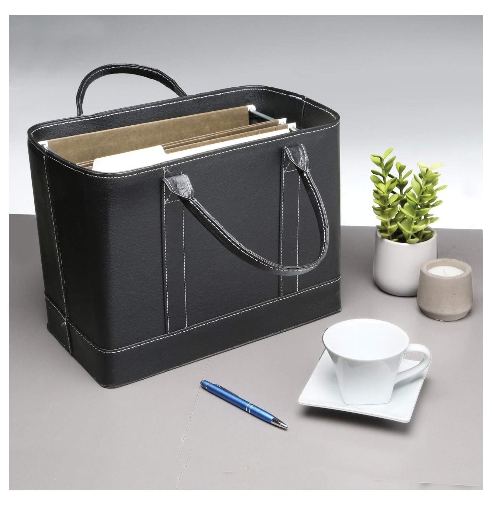 File Organizer Tote Bag - Portable Document Holder Box with Handle, Black Vegan Leather, Home & Office Storage, Legal... - Image 4