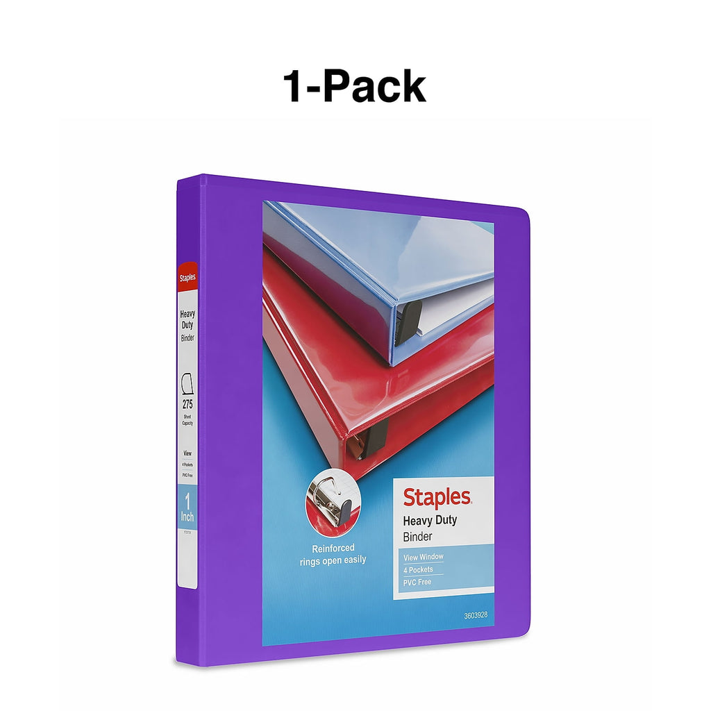 Heavy Duty 1" 3-Ring View Binder with D-Rings and Four Interior Pockets Purple 3/Pack - Image 6