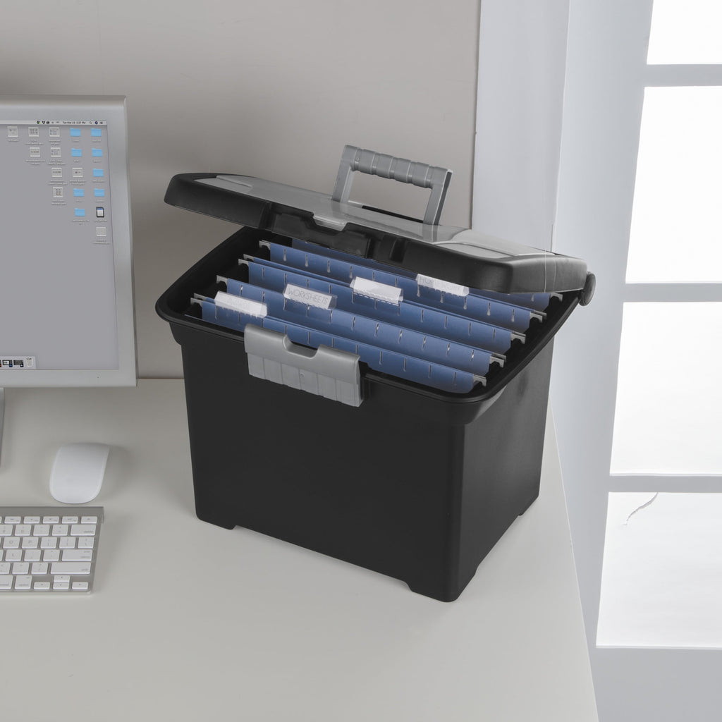 (6 pack) Portable File Box, Letter-Size Plastic File Storage Box with Handle and Divided Lid Storage Compartment, Black - Image 5