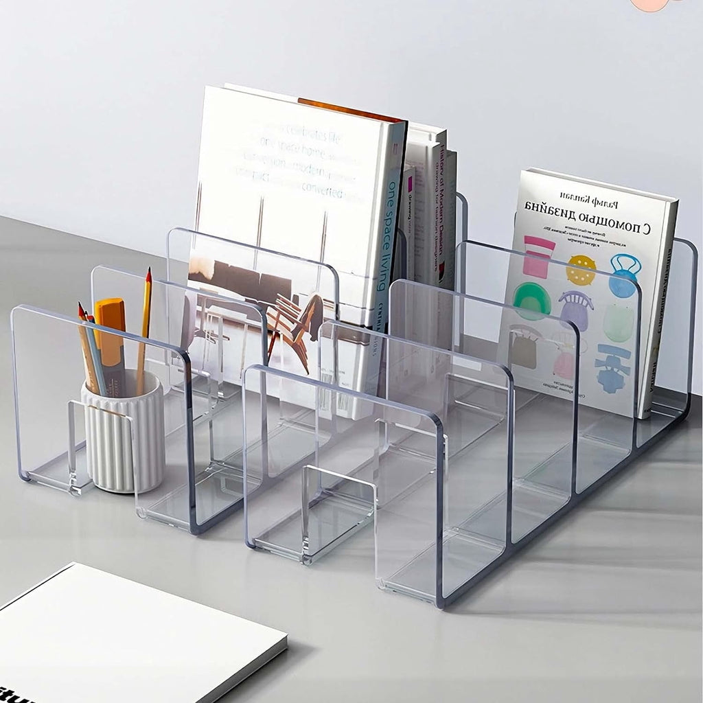 Clear Acrylic File Organizer for Desk, 4 Sections Acrylic Desktop Organizer Holder Sorter,Book Paper Storage Dividers... - Image 6
