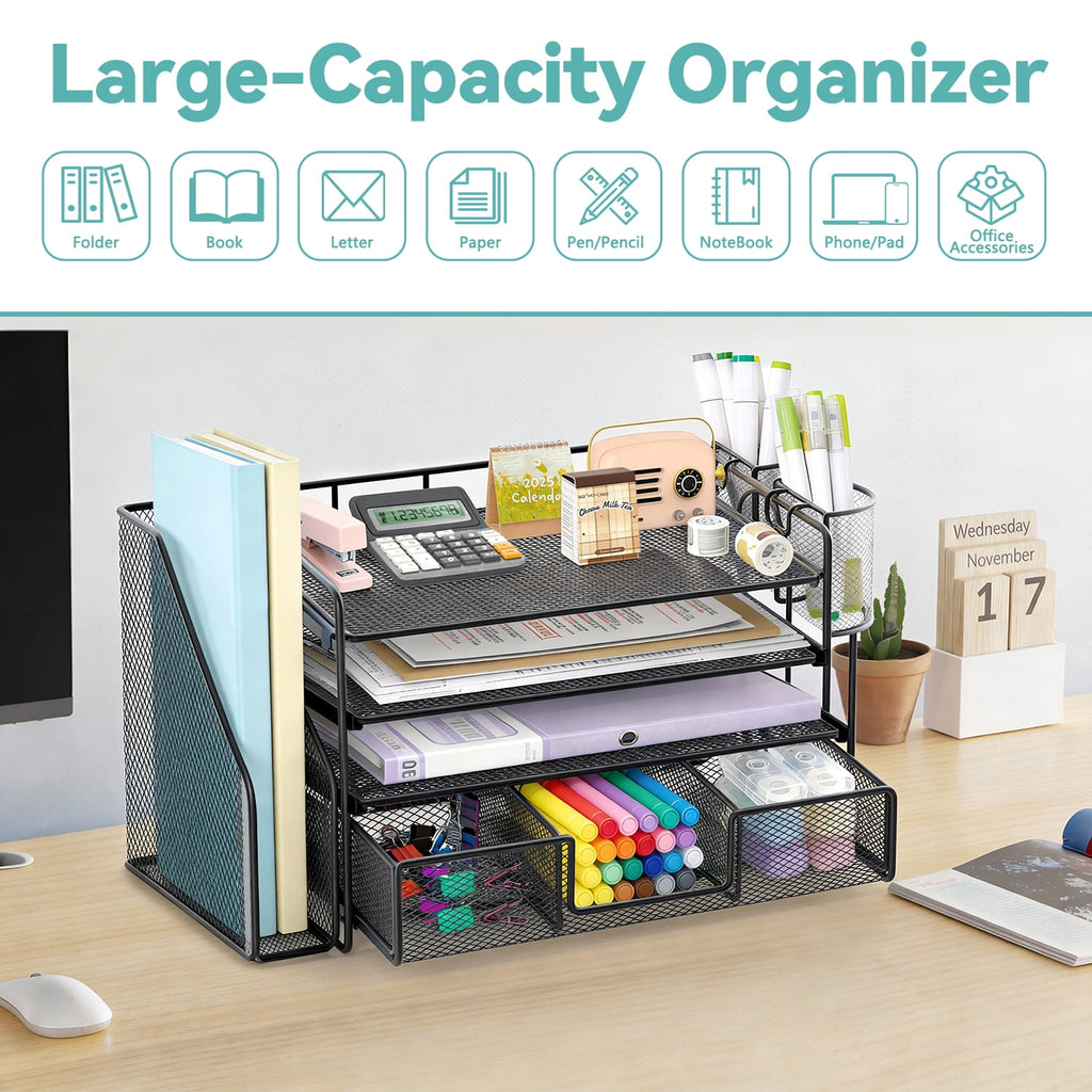 and Accessories, 4-Tier top File with Drawer and 2 Pen Holders, Office Accessories & Workspace s (Black) - Image 3