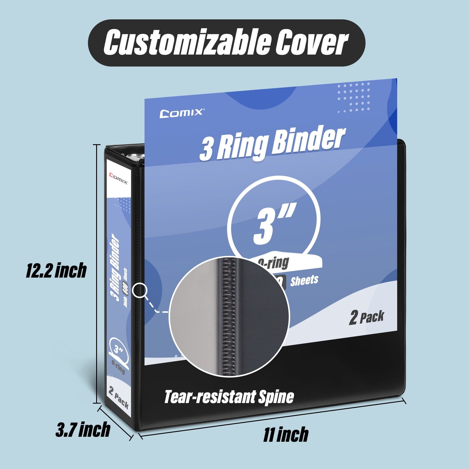 Comix Premium 3-inch Round Ring Binders, 3-Ring with Clear Cover, Holds 600 Sheets, 10 Pack Black - Image 5
