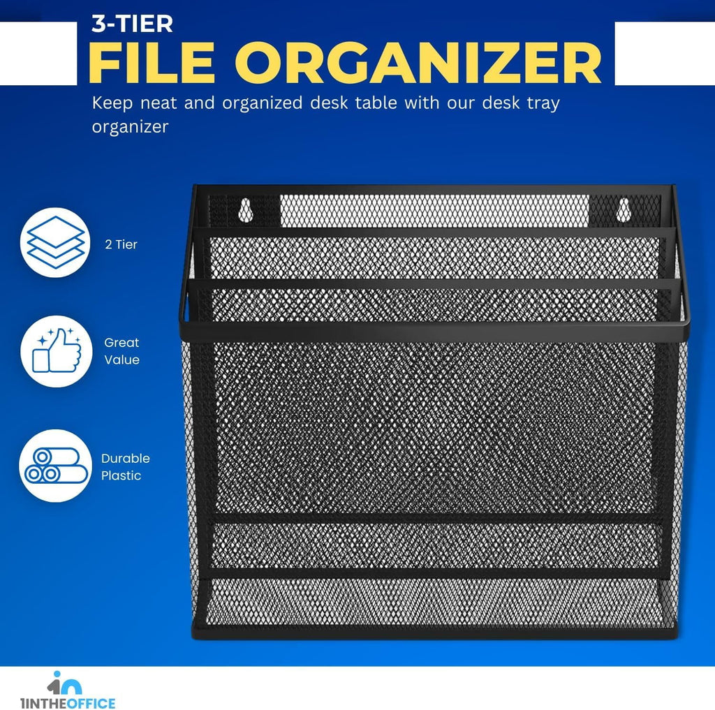 1InTheOffice 3 Tiers File Folder Organizer, Desk Sorter, Black Mesh - Image 2