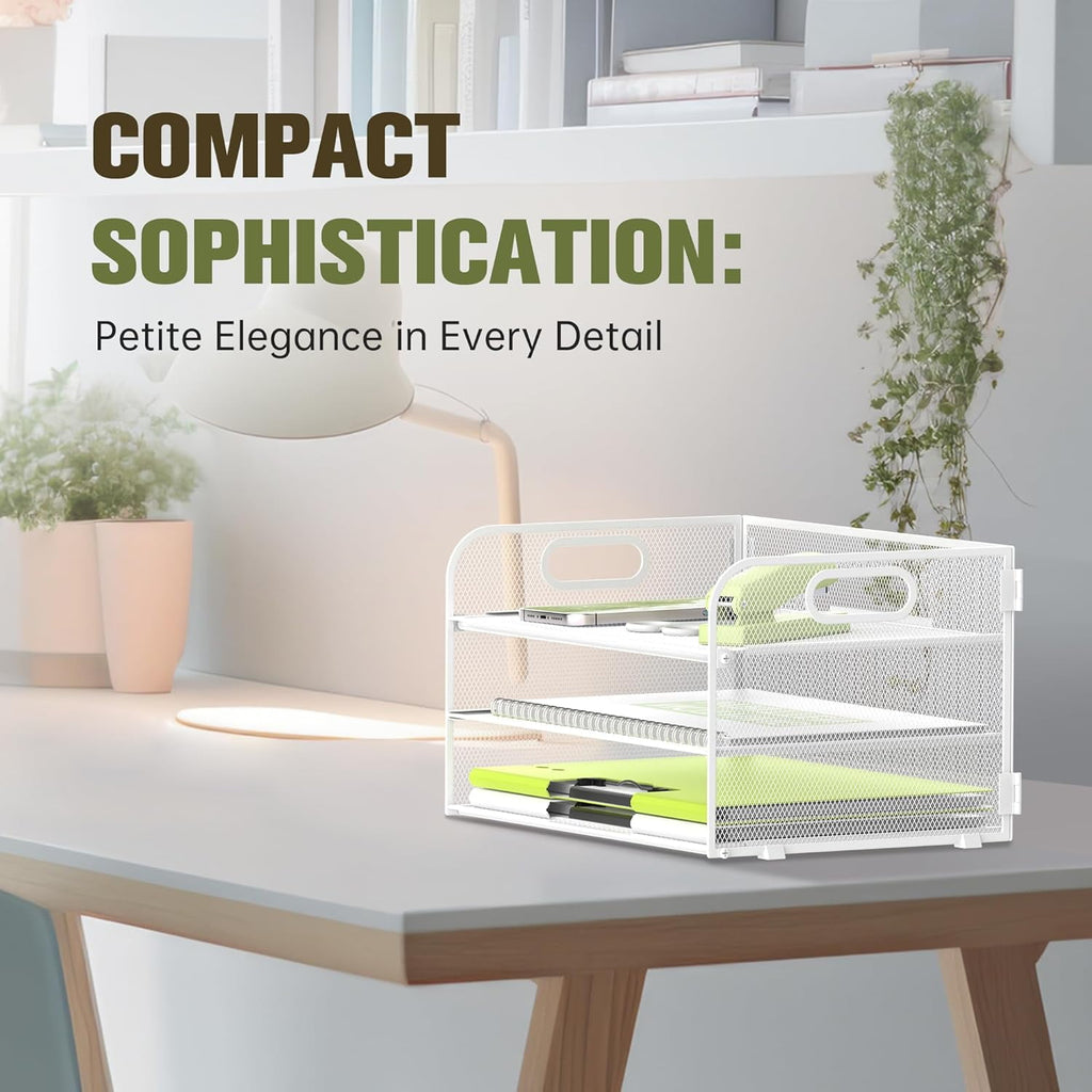 3 Tier Paper Tray Organizer, Mesh Desktop File Organizer with Handles - Image 3