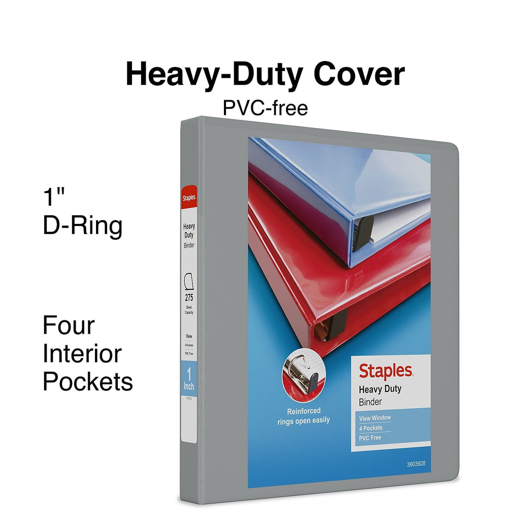 1" Staples Heavy-Duty View Binder with D-Rings Gray 976033 - Image 2
