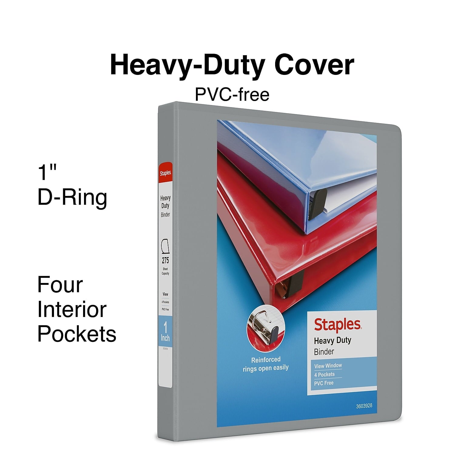 1" Staples Heavy-Duty View Binder with D-Rings Gray 976033 - Image 2