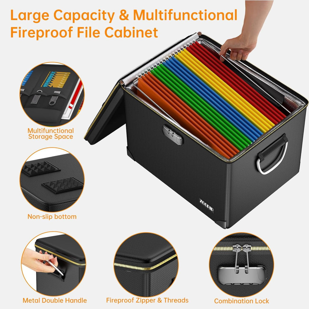 Fireproof Document Box Hard  File Organizer with Lock Portable Office Safe Storage for Valuables Black - Image 2