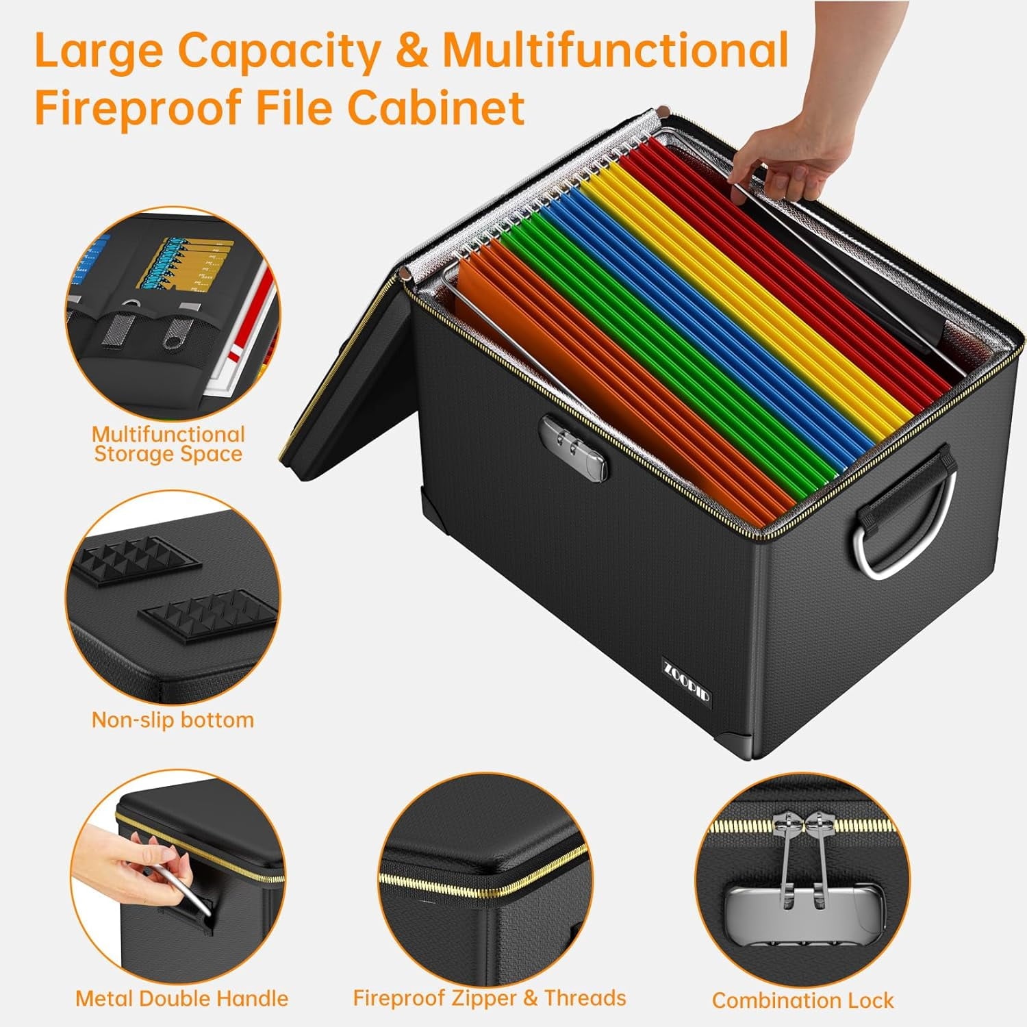 Fireproof Document Box Hard  File Organizer with Lock Portable Office Safe Storage for Valuables Black - Image 2