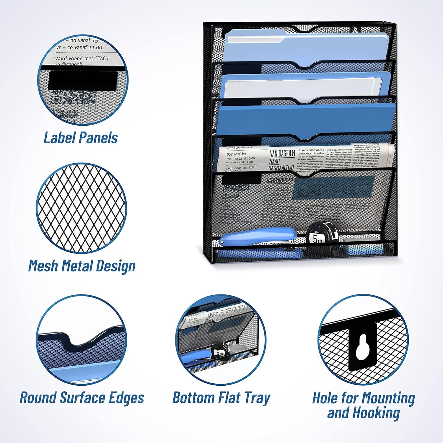Metal Mesh Wall File Holder 6 Tier Hanging Wall File Organizer with Hooks, Black, Wall Mount - Image 3