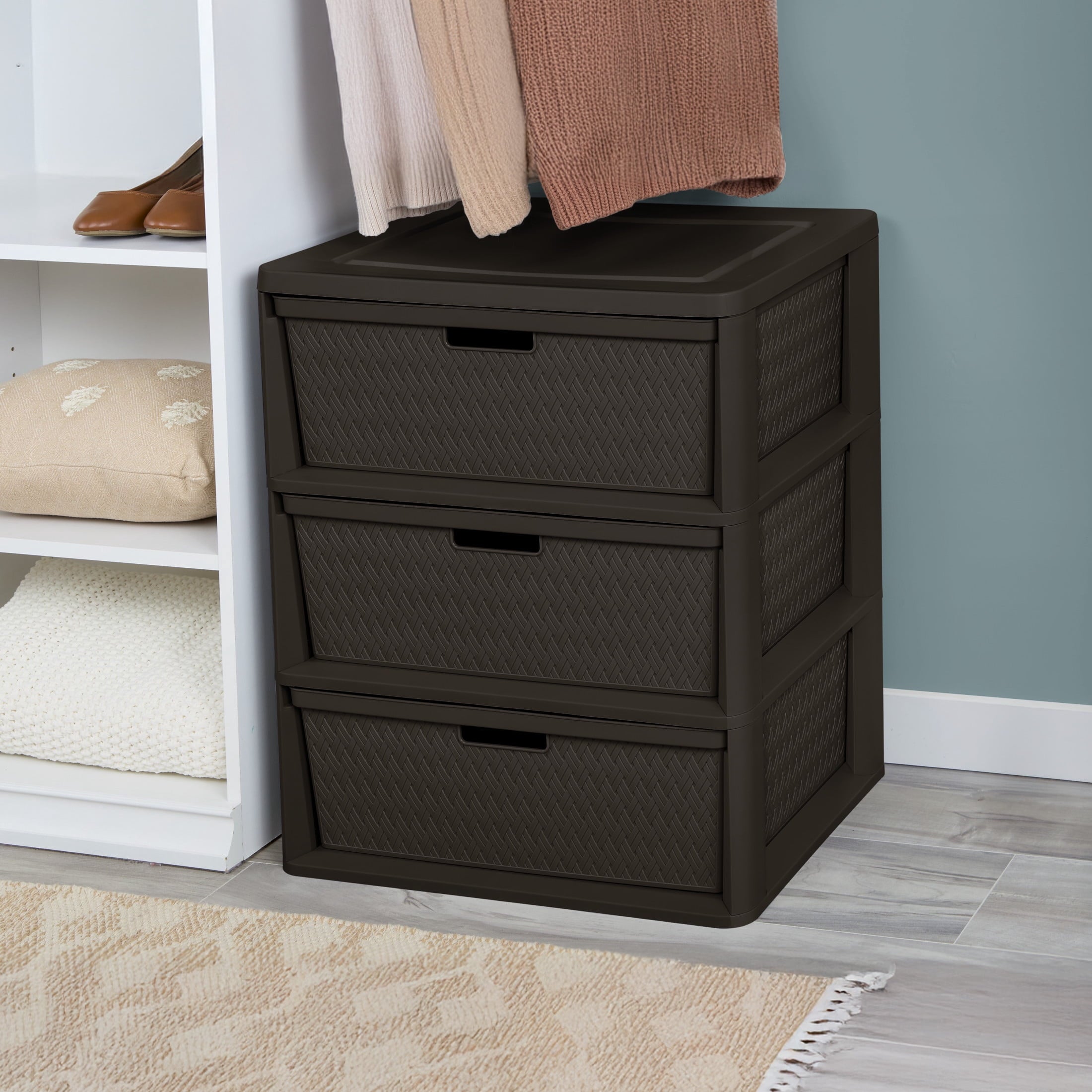 Wide 3 Drawer Tower, Plastic Storage Organizer with Removable Decorative Bins, Easy to Assemble - No Tools Needed, Brown - Image 3