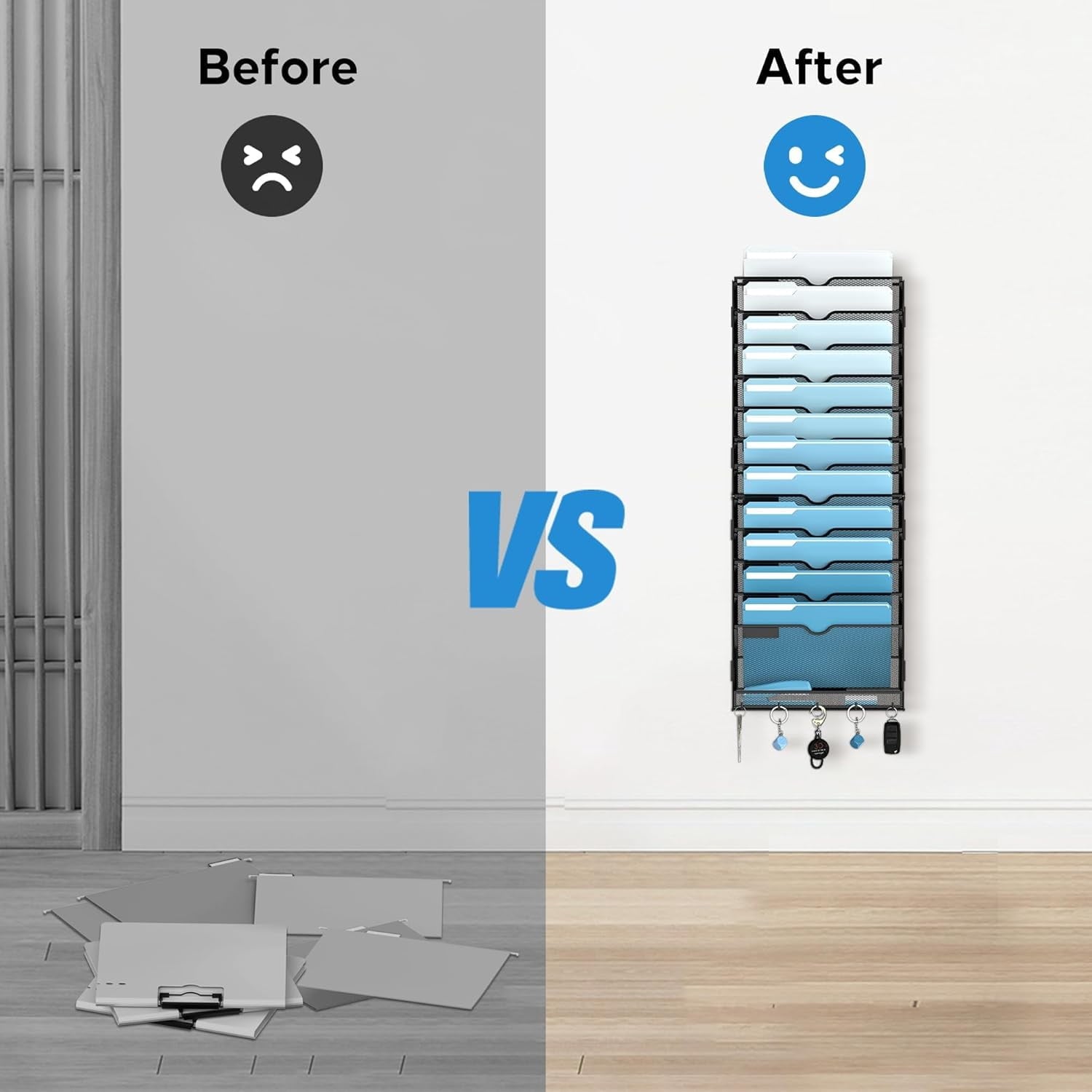 13-Tier Metal Hanging File Organizer with Hooks, Wall Mounted Paper Organizer, Screw Mount - Image 6