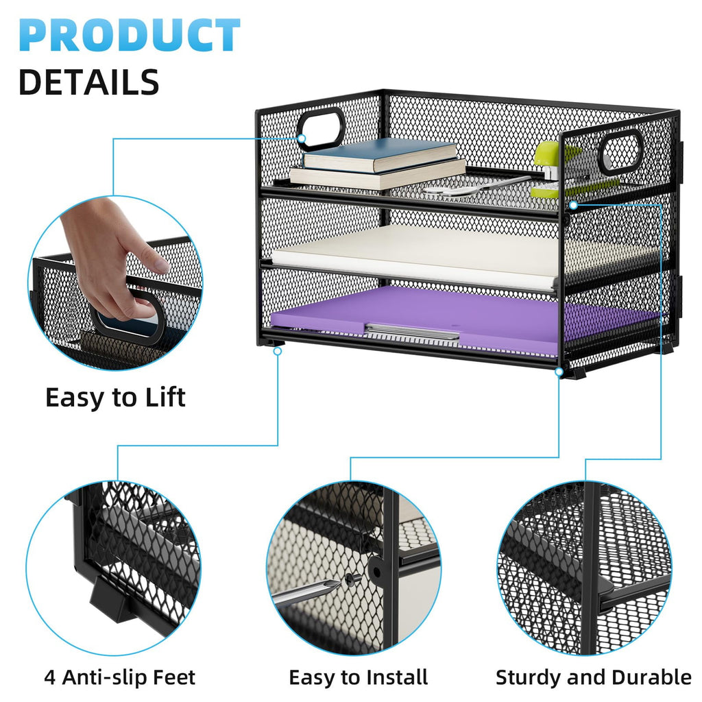3 Paper Organizer Letter Tray, Mesh File Organizer with Handle, Paper Sorter Desk Organizer for Home Office Supplies - Image 3