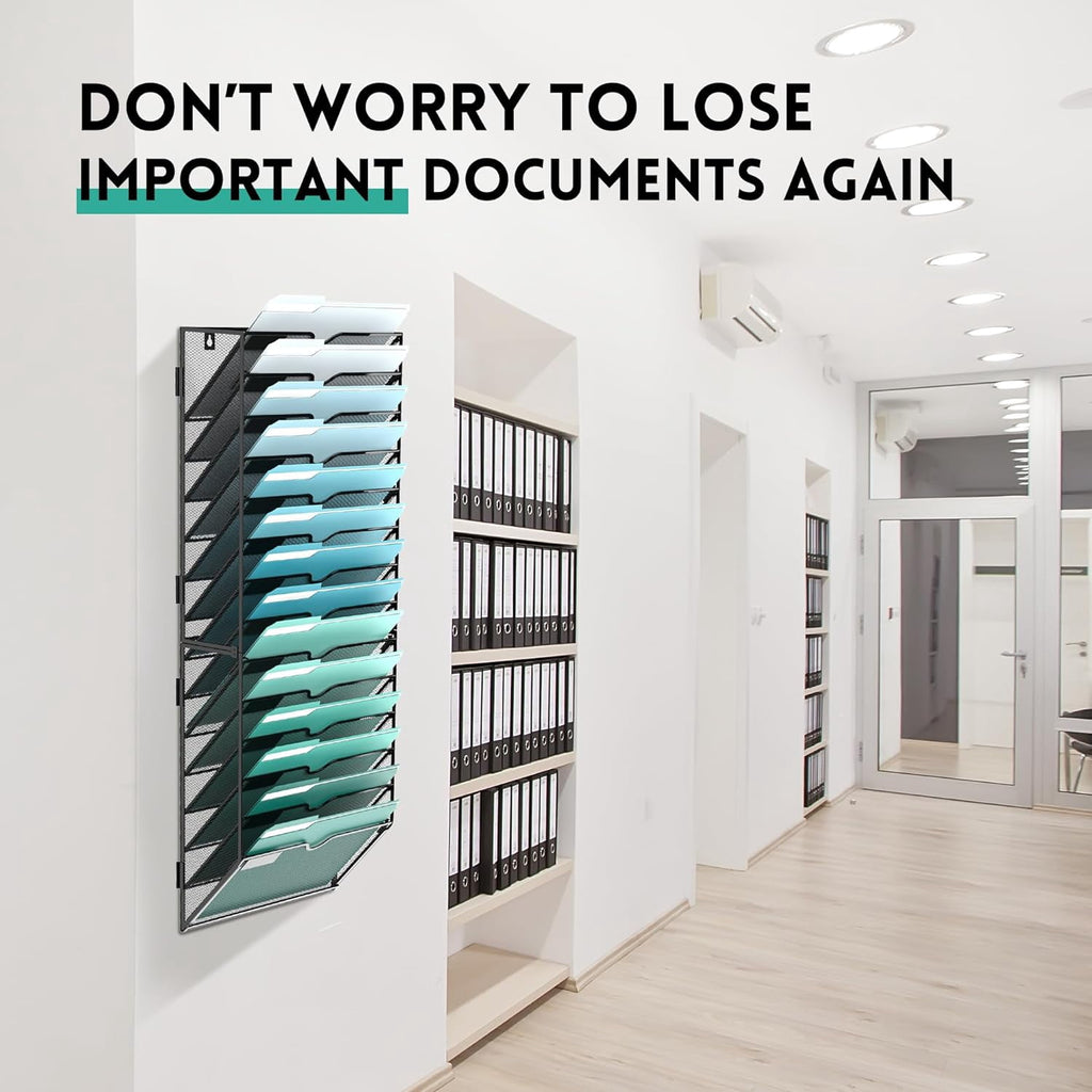 14-Tier Metal Wall Organizer, Mount Hanging File Organizer for Home, Office, Black, Screw Installation - Image 3