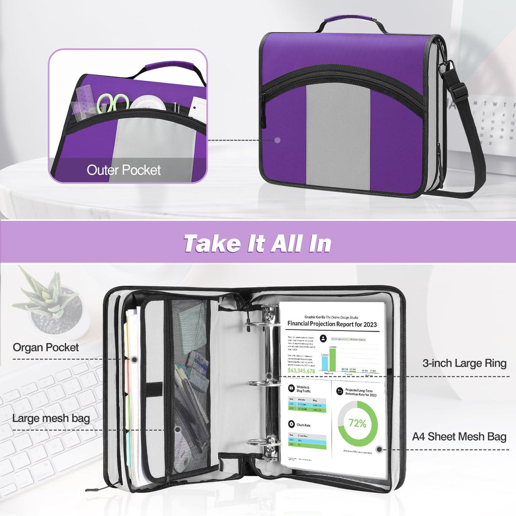 MoKo Zipper Binder 3 inch 3 Ring Binder, 600 Sheet Capacity Multi-Pocket School Binder Organizer with Handle and Shoulder Strap, Purple & Gr - Image 2