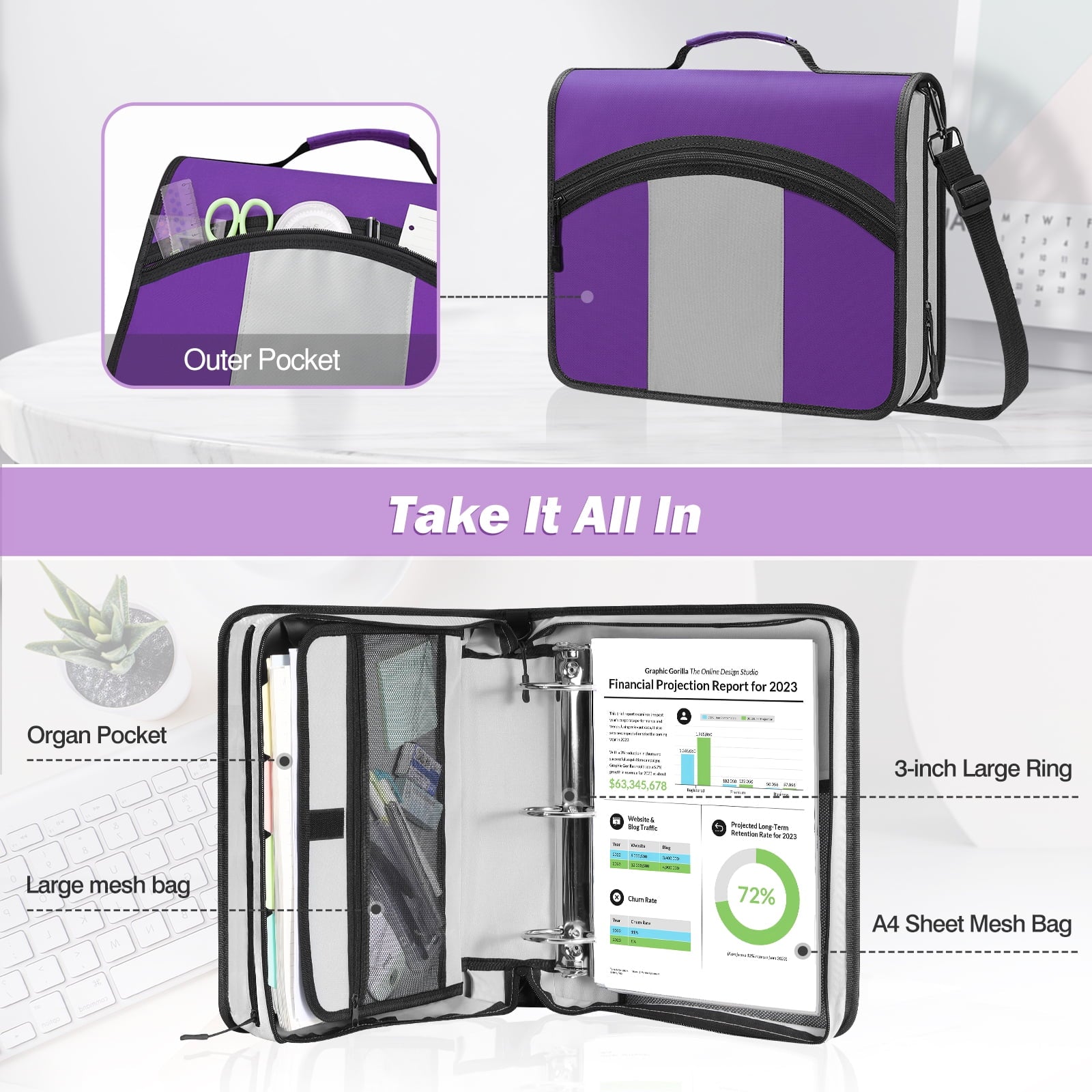 MoKo Zipper Binder 3 inch 3 Ring Binder, 600 Sheet Capacity Multi-Pocket School Binder Organizer with Handle and Shoulder Strap, Purple & Gr - Image 2