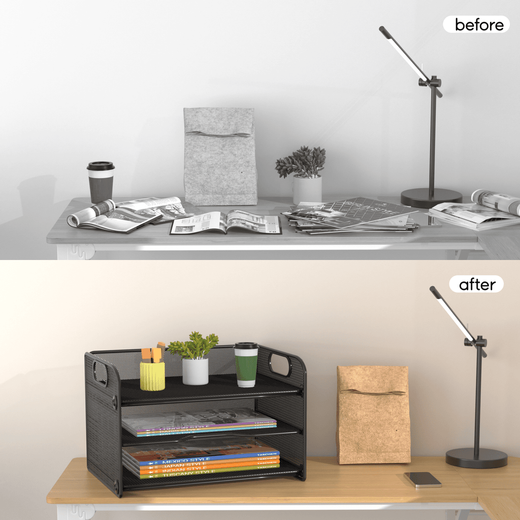 3 Tier Letter Tray Paper Organizer with Handle, Mesh Desk Organizer Paper Sorter File Rack Shelves, Black - Image 6
