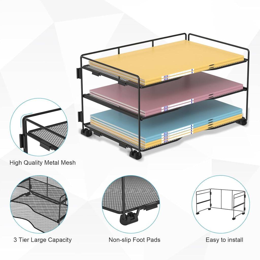 3 Tiers Paper Organizer , Mesh Desk File Organizer for Home Office, Black - Image 4