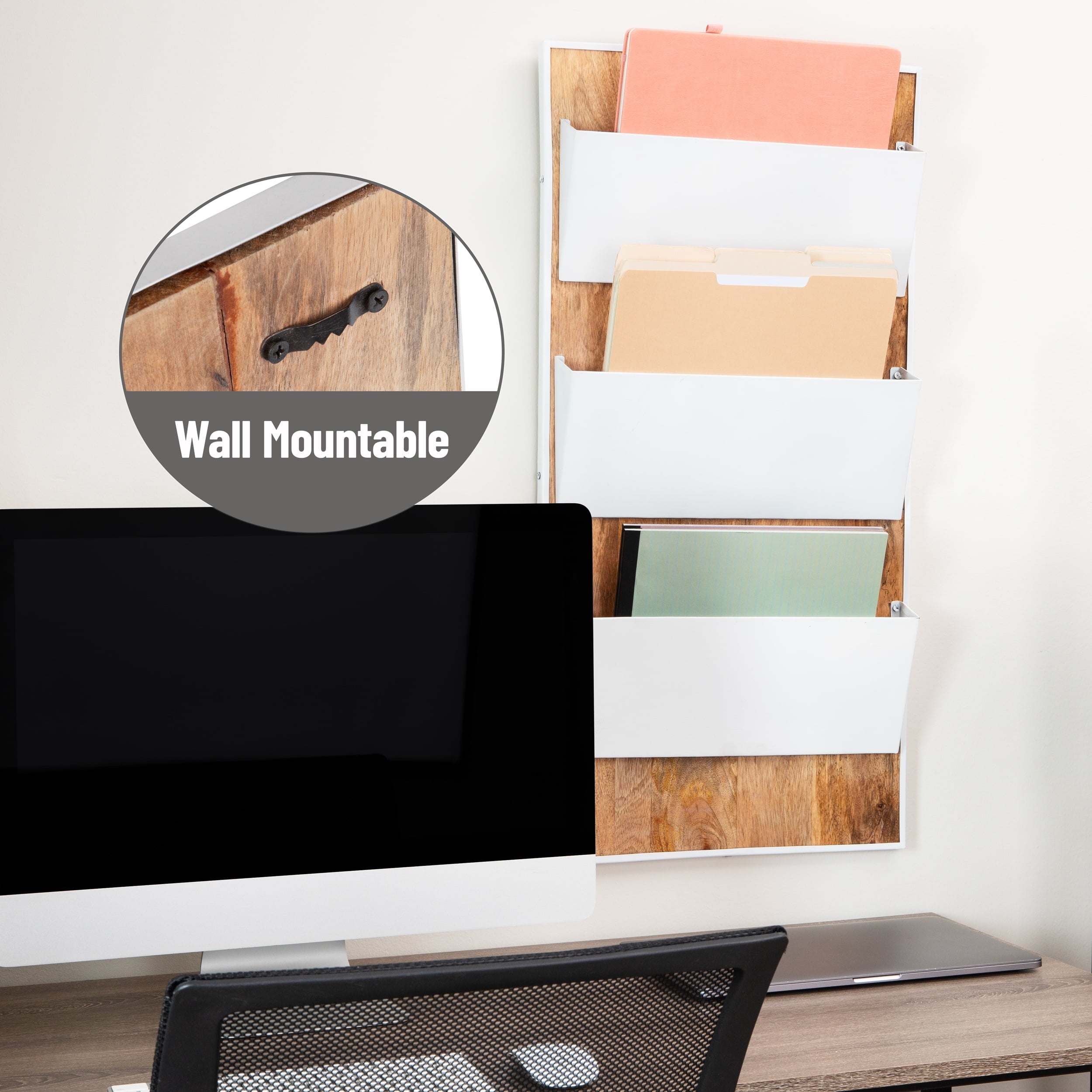 3-Tier Wall-Mounted File Organizer, Wood and Metal Vertical Rack for Mail, Magazines, and Documents, Metal, Wood, White - Image 4
