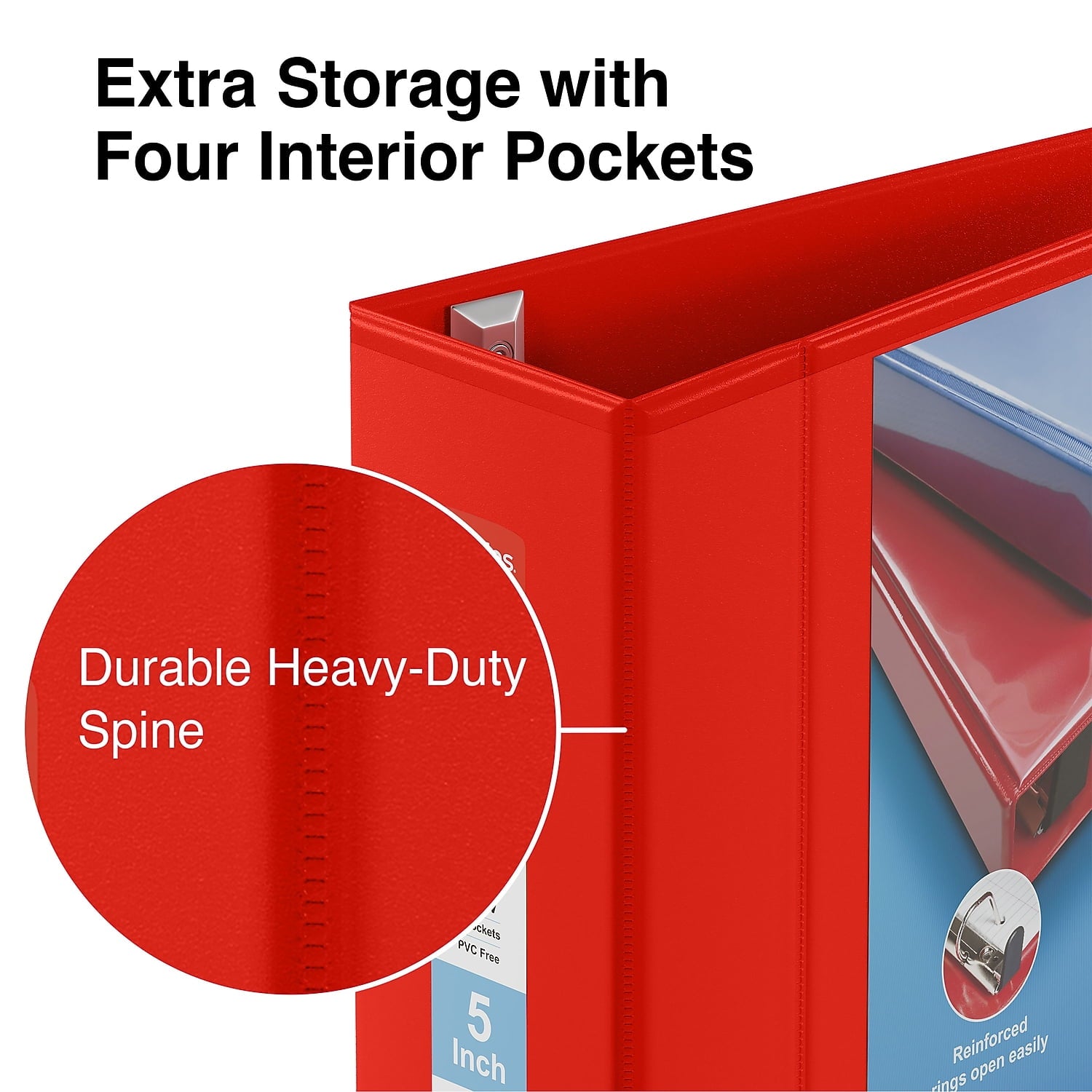 Heavy Duty 5" 3-Ring View Binder with D-Rings and Four Interior Pockets Red 2/Pack - Image 4