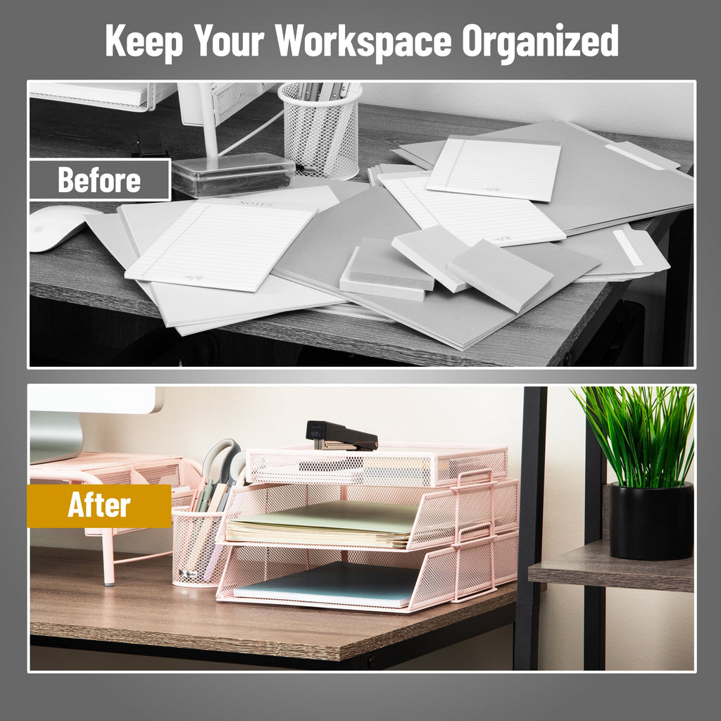 2 Tier Paper Tray with Top Supply Compartment, Desktop File Organizer, Metal Mesh, Pink - Image 4