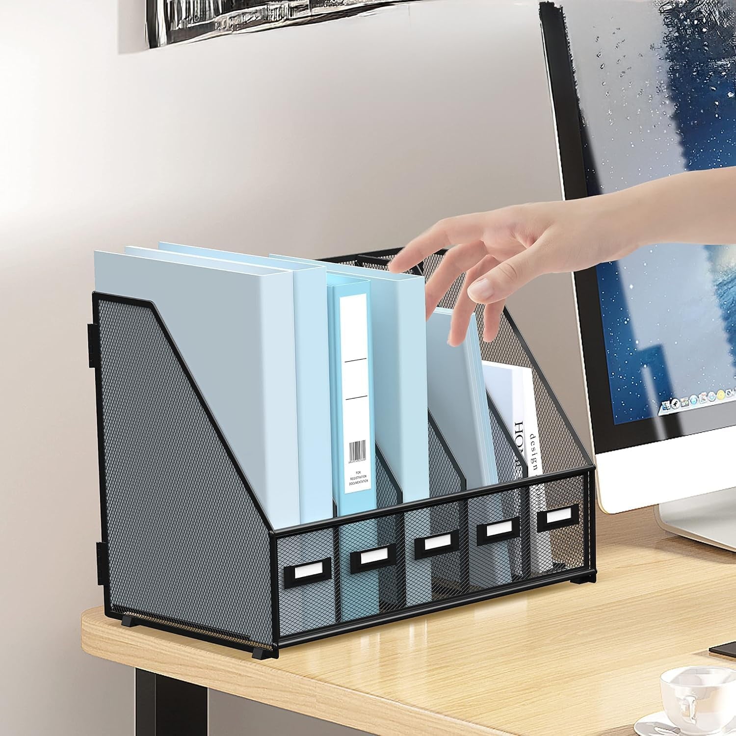 Metal Desk File Organizers with 5 Vertical Compartments for Office, Home, Black, 1 Piece - Image 2