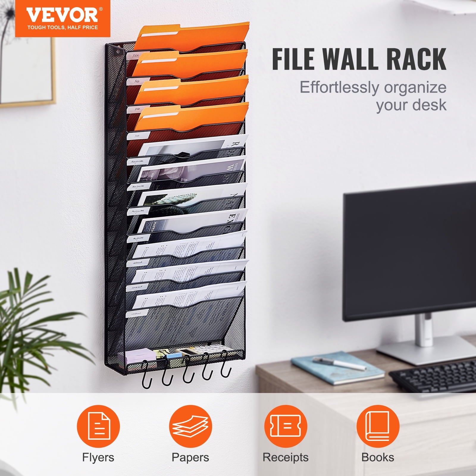 Wall File Rack, 12-Slot Single Piece Mesh Wall Organizer, Metal Magazine, Mail, Document & Paper Storage Holder, Wall... - Image 2