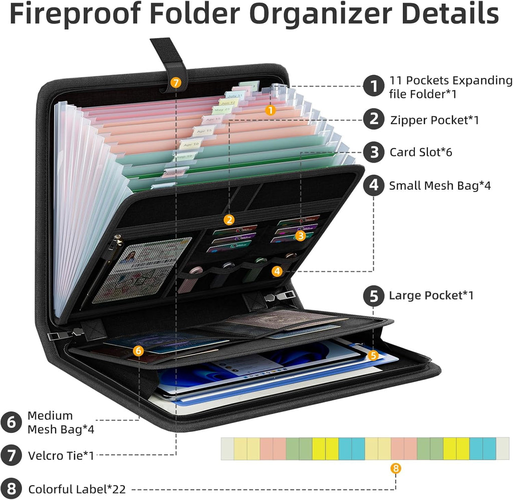 Gijjgole Fireproof Accordion File Organizer, Portable Expanding File Folder with Waterproof Zipper&Labels, Black Document Organizer with 13 - Image 3