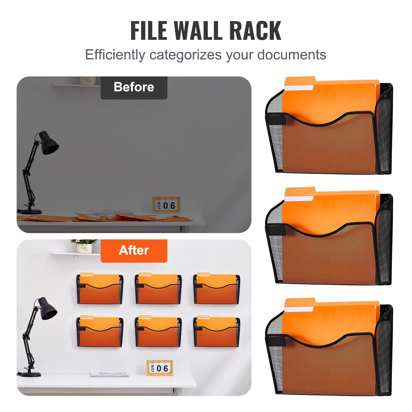 KFFKFF Wall File Rack, 6-Unit Single Pocket Mesh Organizer, Wall-Hanging Magazine, Mail, Document & Paper Storage Folder, Metal Wall-Mounted - Image 4