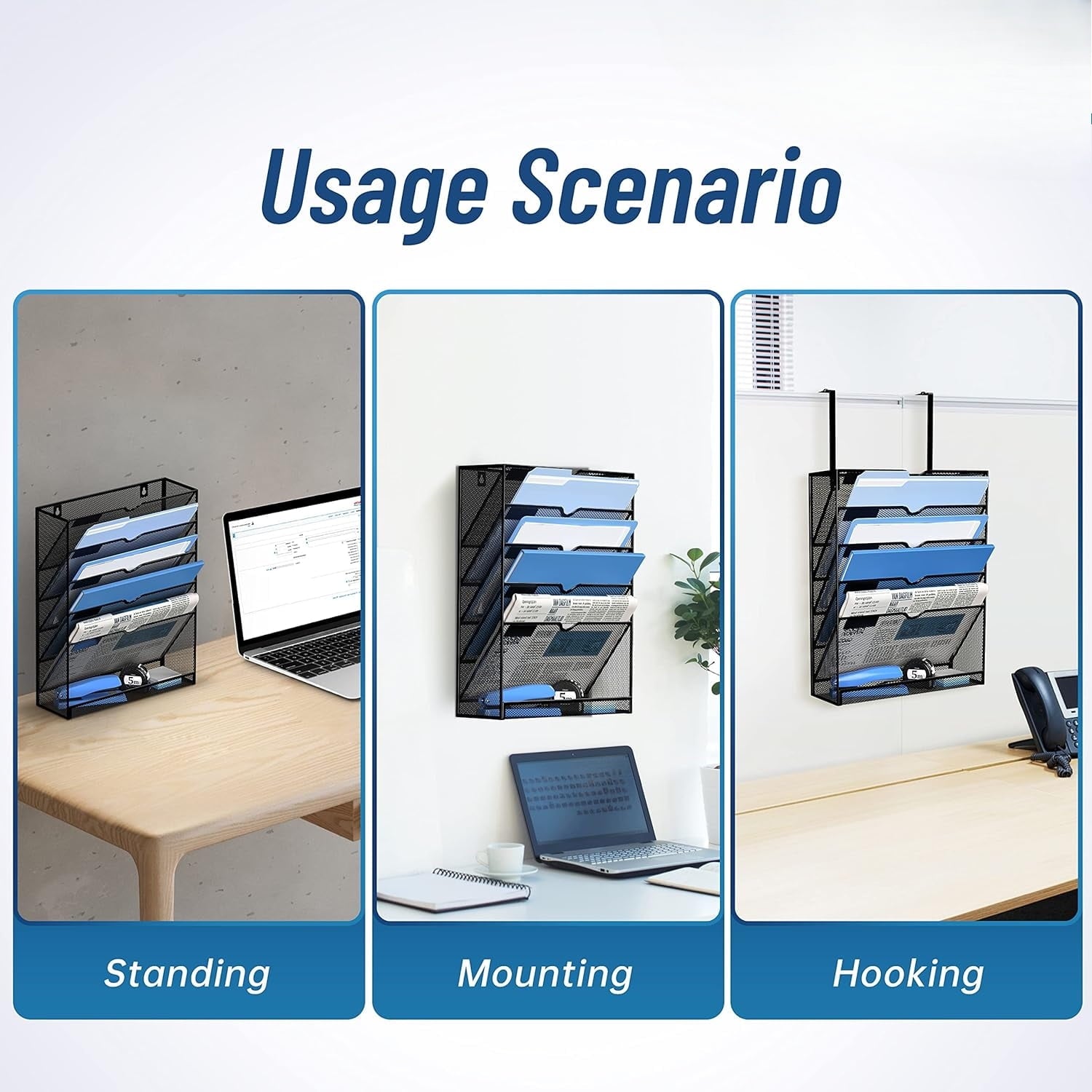 Metal Mesh Wall File Holder 6 Tier Hanging Wall File Organizer with Hooks, Black, Wall Mount - Image 5
