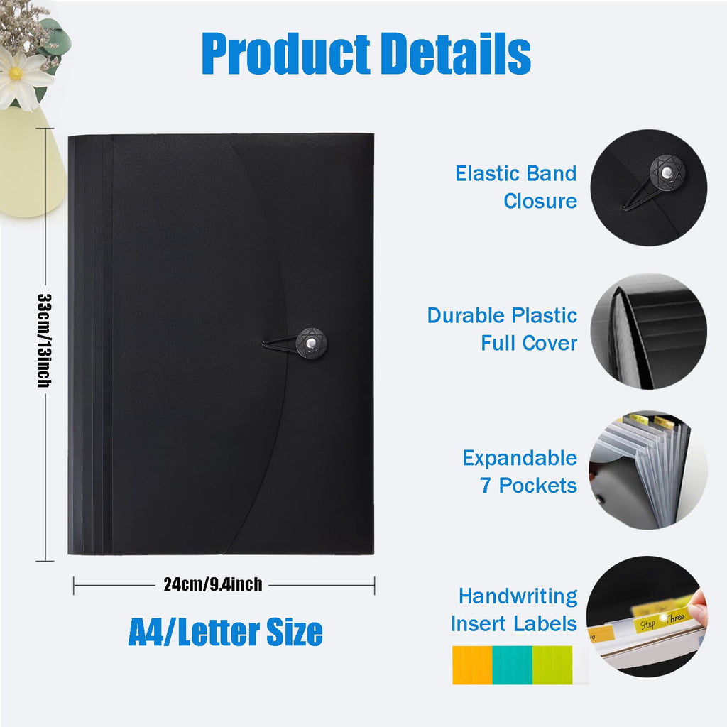2 Pack Expanding File Folder, 7 Pockets Accordion File Organizer for A4/Letter Paper, Receipts, Bills, Labels Included,  Black - Image 2