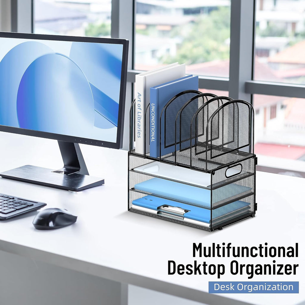 INTIGE Desk Organizer with Vertical File Holder, 3 Tier Desktop Organizer with 5 File Folder Holders and Handles, Metal Mesh File Organizers - Image 4