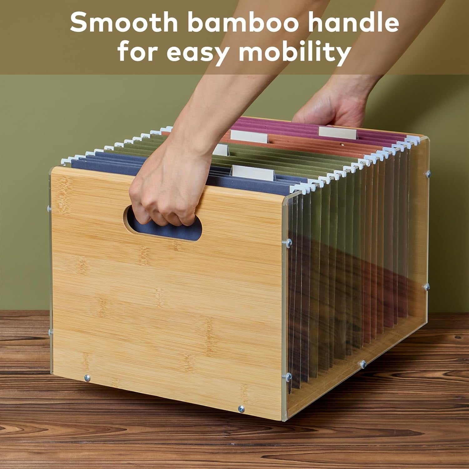 Bamboo Acrylic File Box Organizer, Hanging File Folder Storage Boxes, Decorative Document Crate Transparent Filing Bi... - Image 5